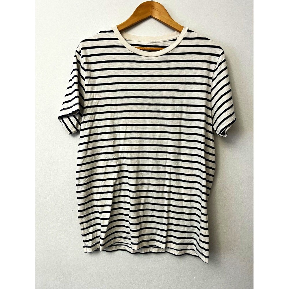 J.Crew Men's White/Navy Striped Pocket Crew Neck Short Sleeve Cotton Tee L